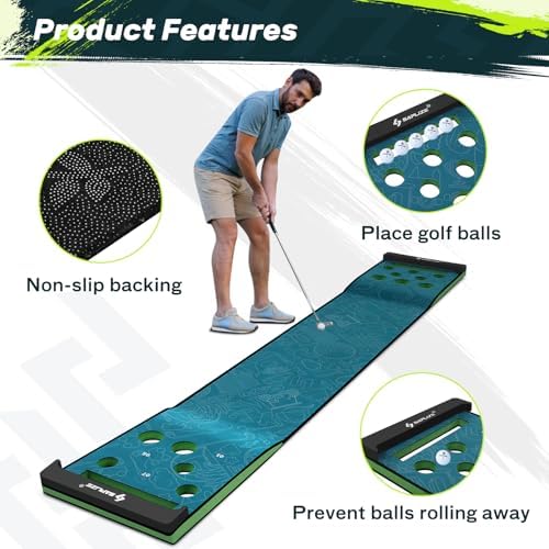 SAPLIZE Golf Pong Putting Game Set, 20 in X 10 ft Putting Green Mat for Indoor and Outdoor, Anti-Slip Putting Pong Mat Set